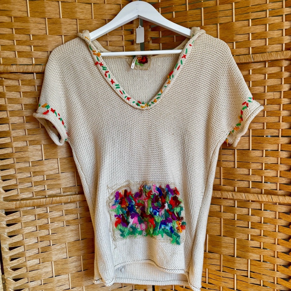 VTG Free People Colorful Knit Short Sleeve Sweater Top sz Small Boho Rainbow